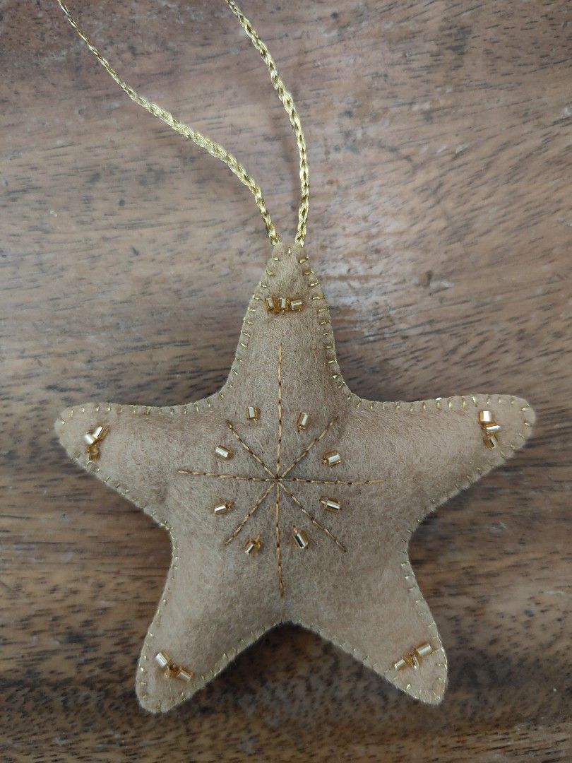 Handmade Felt Star Christmas Ornament (Category: Other Home Decor) located in Mandaluyong City. Submitted by patchandpast (Listing ID 1403936012, Image 3). Description: Set of handmade star-shaped Christmas ornaments. Each star is made of felt and features intricate beadwork and stitching. Available in various colors including green, burgundy, beige, white, teal, and brown. They come with a gold or silver string for easy hanging. Perfect for addi