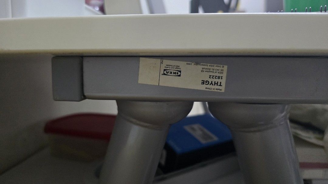 IKEA Thyge Table (Category: Tables & Sets) located in Kuala Lumpur. Submitted by huangern (Listing ID 1403976141, Image 2). Description: - IKEA Thyge table - White rectangular tabletop - Adjustable silver legs - Versatile use: desk, workspace, etc. original price RM600.