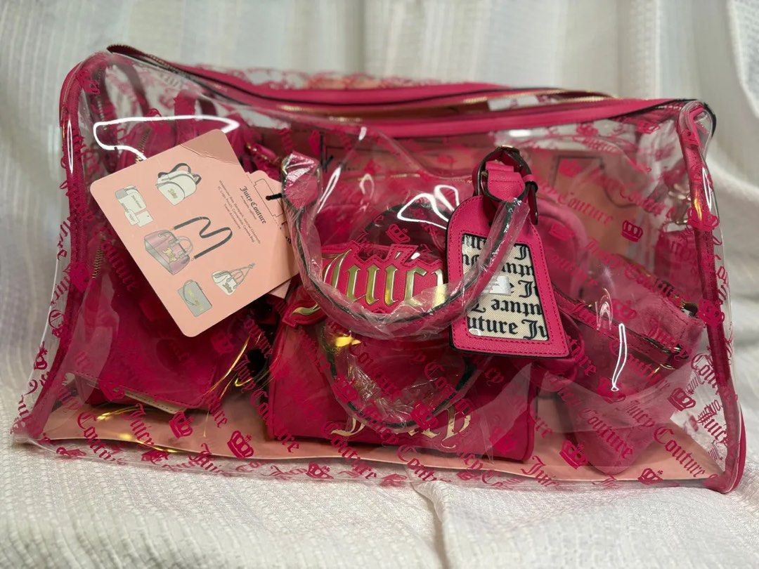 Juicy Couture clear weekender 7 piece gift set (Category: Purses & Pouches) located in Quezon City. Submitted by angelqt (Listing ID 1403976225, Image 3). Description: MOP: BPI or Gcash I DO NOT ALLOW PABILI SERVICE. Payment first only. Any doubts about my legitimacy, you may check my reviews. Vibrant hot-pink Juicy Couture 7-piece travel gift set, featuring: Clear logo-print weekender bag (zip top) Mini satchel/camera-style crossbody Backpack-st