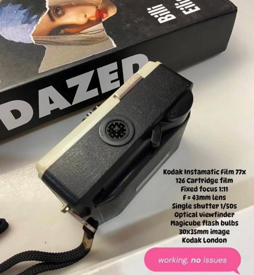 Kodak Instamatic 77x Camera (Category: Cameras) located in Pasig City. Submitted by dos.xxx (Listing ID 1403862023, Image 2). Description: - Vintage Kodak Instamatic 77x camera - Fixed focus 1:1 lens, 43mm - Single shutter speed: 1/50s - Uses 126 cartridge film - Includes optical viewfinder - Made in Kodak London - Working condition.
