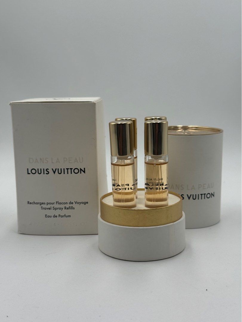 LOUIS VUITTON TRAVEL SPRAY REFILL EDP (Category: Fragrance & Deodorants) located in Quezon City. Submitted by _cmluxephilippines (Listing ID 1403936222, Image 1). Description: Louis Vuitton Dans La Peau Eau de Parfum travel spray refills. Product Details Scent Profile: This fragrance is described as an infusion of natural leather, intertwined with notes of jasmine from Grasse, Sambac jasmine from China, and an absolute of narcissus. It also featu