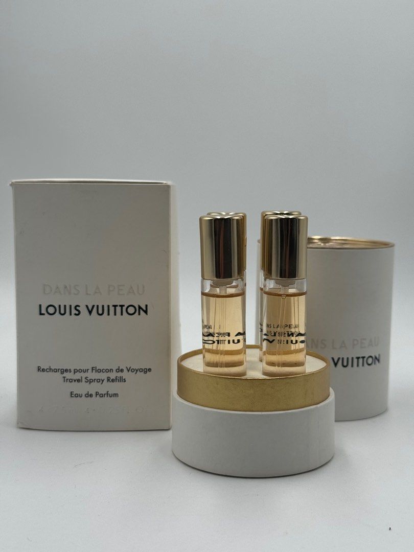 LOUIS VUITTON TRAVEL SPRAY REFILL EDP (Category: Fragrance & Deodorants) located in Quezon City. Submitted by _cmluxephilippines (Listing ID 1403936222, Image 3). Description: Louis Vuitton Dans La Peau Eau de Parfum travel spray refills. Product Details Scent Profile: This fragrance is described as an infusion of natural leather, intertwined with notes of jasmine from Grasse, Sambac jasmine from China, and an absolute of narcissus. It also featu