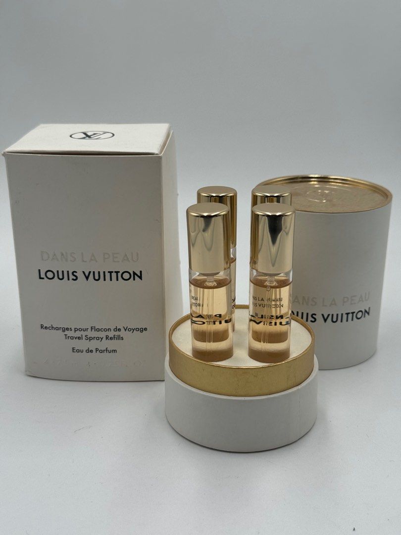 LOUIS VUITTON TRAVEL SPRAY REFILL EDP (Category: Fragrance & Deodorants) located in Quezon City. Submitted by _cmluxephilippines (Listing ID 1403936222, Image 2). Description: Louis Vuitton Dans La Peau Eau de Parfum travel spray refills. Product Details Scent Profile: This fragrance is described as an infusion of natural leather, intertwined with notes of jasmine from Grasse, Sambac jasmine from China, and an absolute of narcissus. It also featu