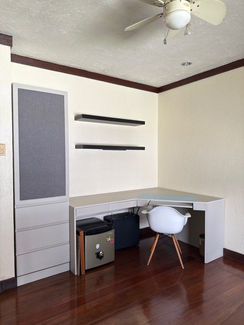 Selling this whole custom made work desk, cabinet, wall shelf setup (Category: Shelves, Cabinets & Racks) located in Manila. Submitted by maynecea (Listing ID 1403857698, Image 1). Description: Selling this whole custom made work desk, cabinet, wall shelf setup. Custom Built Items: 1. Supply and install of tall cabinet with drawer php 39,900.00 2. Supply and installation of custom workdesk in laminate finish with drawer in soft close motion php 2