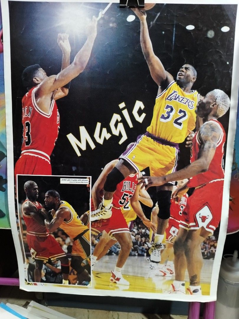 Vintage Basketball Poster - Magic Johnson (Category: Vintage Collectibles) located in Manila. Submitted by tawnycollectiblesshop (Listing ID 1403994987, Image 1). Description: - Vintage Magic Johnson poster - Features a basketball game scene - Includes other players - "Magic" is prominently displayed - Collectible item for basketball fans WHAT YOU SEE IS WHAT YOU GET. AS IS..