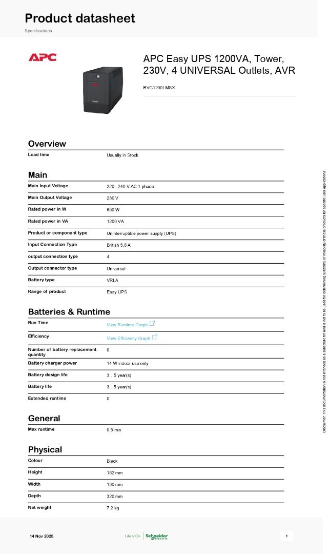 APC UPS BACKUP 1200VA, 230V, AVR,Universal Sockets | BVG1200I-MSX ...