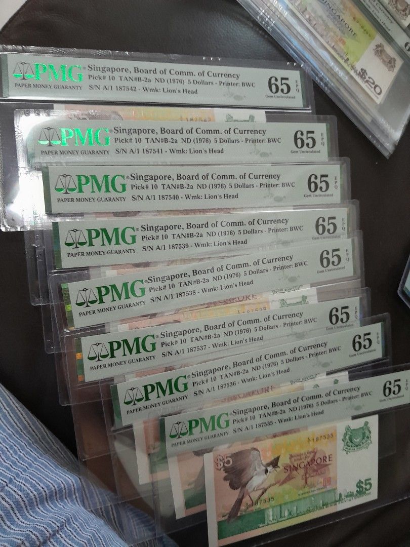 Bird Series Singapore $5 1976 A1 prefix solid PMG EPQ solid gem unc ...