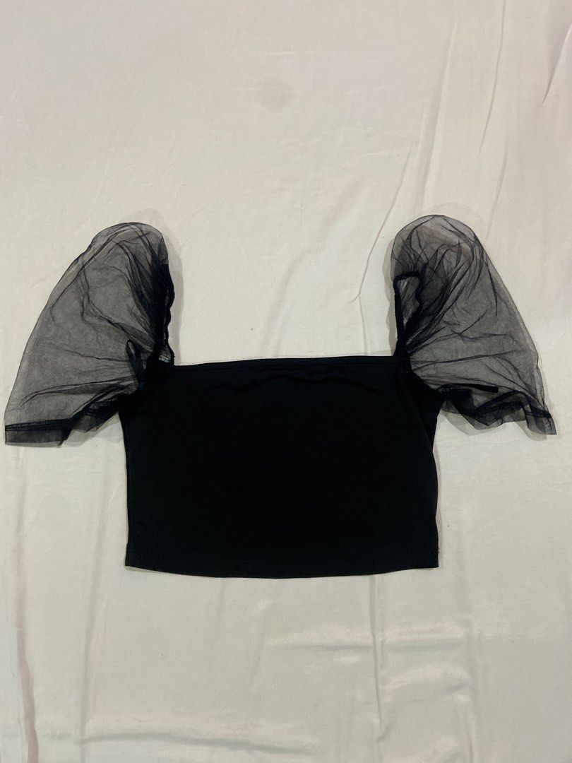 Black Puff Sleeve Party Top (Category: Blouses) located in Manila. Submitted by 123declutter5 (Listing ID 1404132619, Image 1). Description: Got this from shein for ₱300 Selling for ₱100 Rfs: declutter mod: lalamove, jnt mop: gcash, bpi.