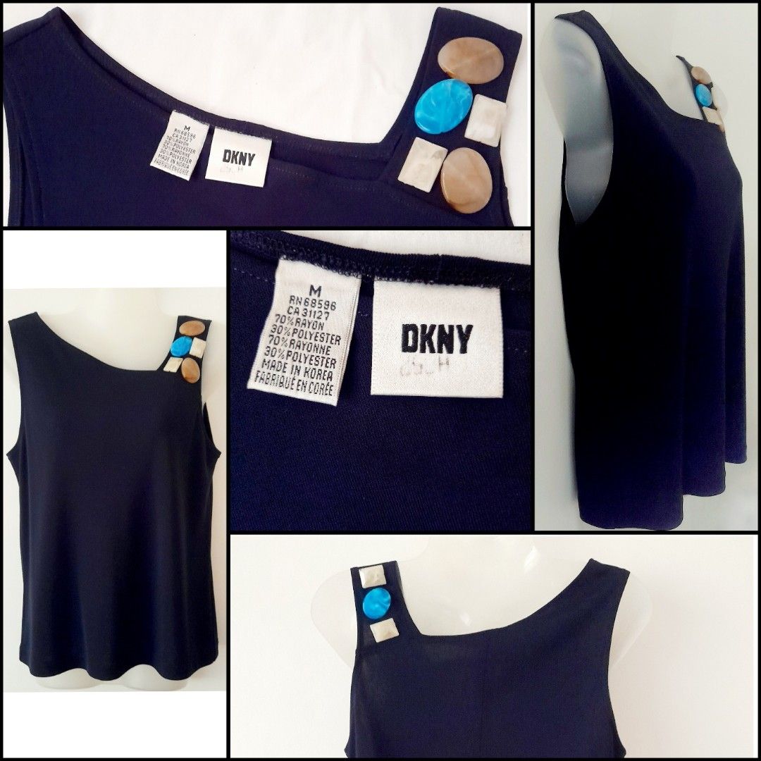 DKNY Embellished Asymmetrical Sleeveless Top (Category: Sleeveless) located in Quezon City. Submitted by lovedlux (Listing ID 1404099917, Image 1). Description: Accentuate a shoulder! Worn with blazer for work, without for happy hour. Navy blue, size M No flaws Flatlay Measurements: Chest - 16in Length - 23in .
