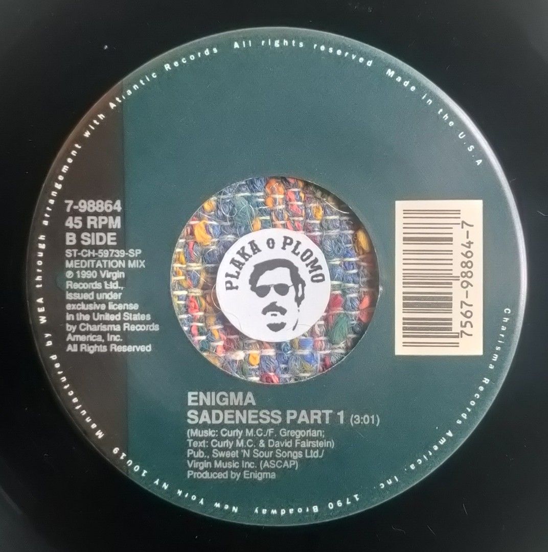 Enigma - Sadeness Part 1 7" Vinyl Record (Category: Vinyls) located in Quezon City. Submitted by plaka.o.plomo (Listing ID 1404019175, Image 3). Description: Artist(s) : Enigma Song(s) : Sadeness Part 1 Year : 1990 Media : VG+ Color : Black Sleeve : Gen No. : 1x Vinyl Size : 7" RPM : 45 Country : US Catalog No. : 7-98864 Tracklist : - Side A 1. Sadeness Part 1 (Radio Edit) - Side B 1. Sadeness Part 1 (Meditation Mix) Notes : Clean record labels. 