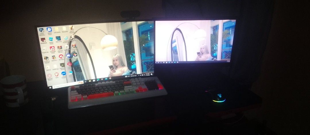 Gaming PC Setup with Dual Monitors (Category: Desktops) located in Santa Cruz, Pampanga. Submitted by juliajalan05857 (Listing ID 1404012270, Image 1). Description: specs take all PC Tower AMD A8-7680 (Radeon R7), 16 GB RAM, Windows 10 Pro — older gen but still good for office/school/light gaming 1tb ssd ramsta 1tb hdd Monitor 1 (AOC) 22″–24″, 1080p Monitor 2 (ViewPoint) similar size/spec Gaming Table mid-size, red-black edges, good condition RGB