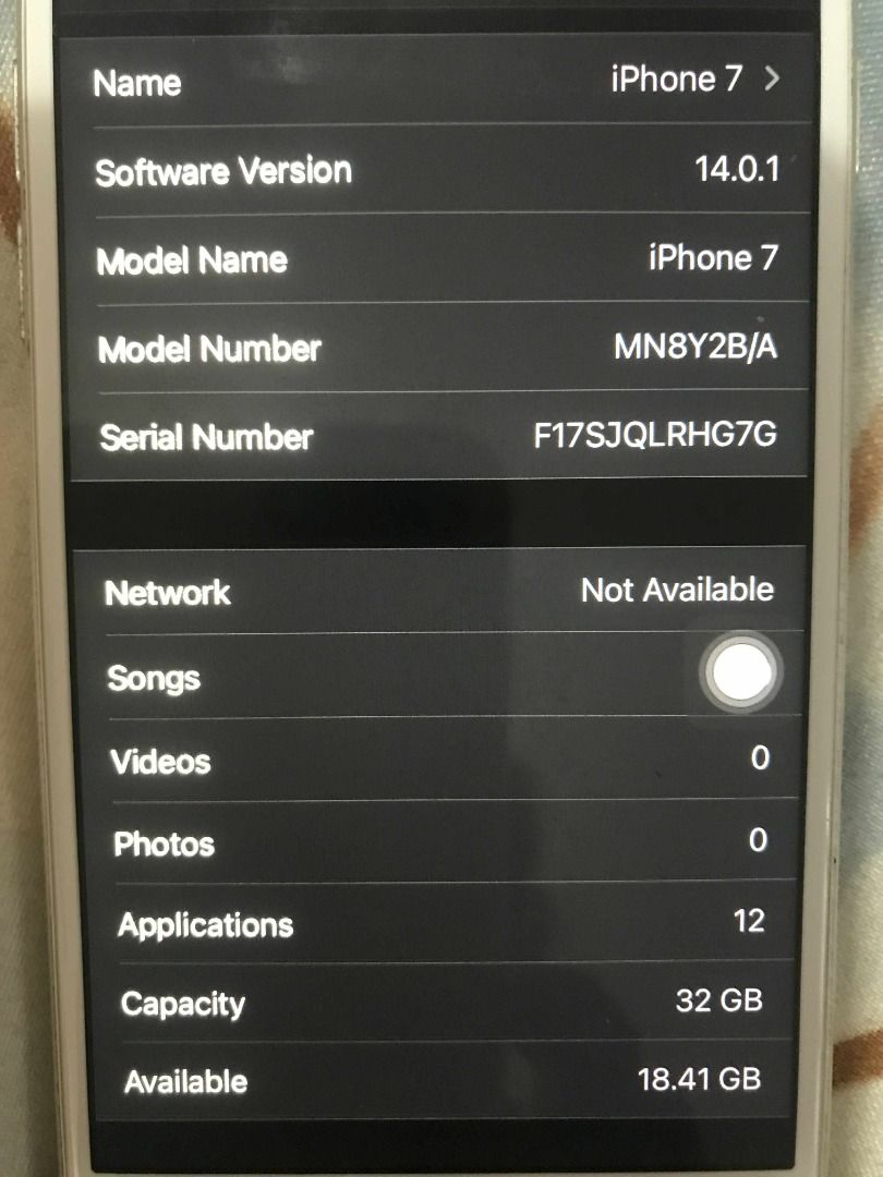 iphone 7 (Category: iPhone 7 Series) located in Makati City. Submitted by rpgen1014 (Listing ID 1404093450, Image 3). Description: Original I Phone 7 32 gig Very Good Camera open line no icloud issue More Applications Google, FB, Messenger GCash, Waze, YouTube Lala Move, Grab, Games, etc... Software version14.1 Issue: Fix version , No resetting, Cannot update fix version WILL ONLY REPLY TO LEGIT BUYER SOME BUYER NEVER SHOW @ MEET-UP EVEN AS PER A
