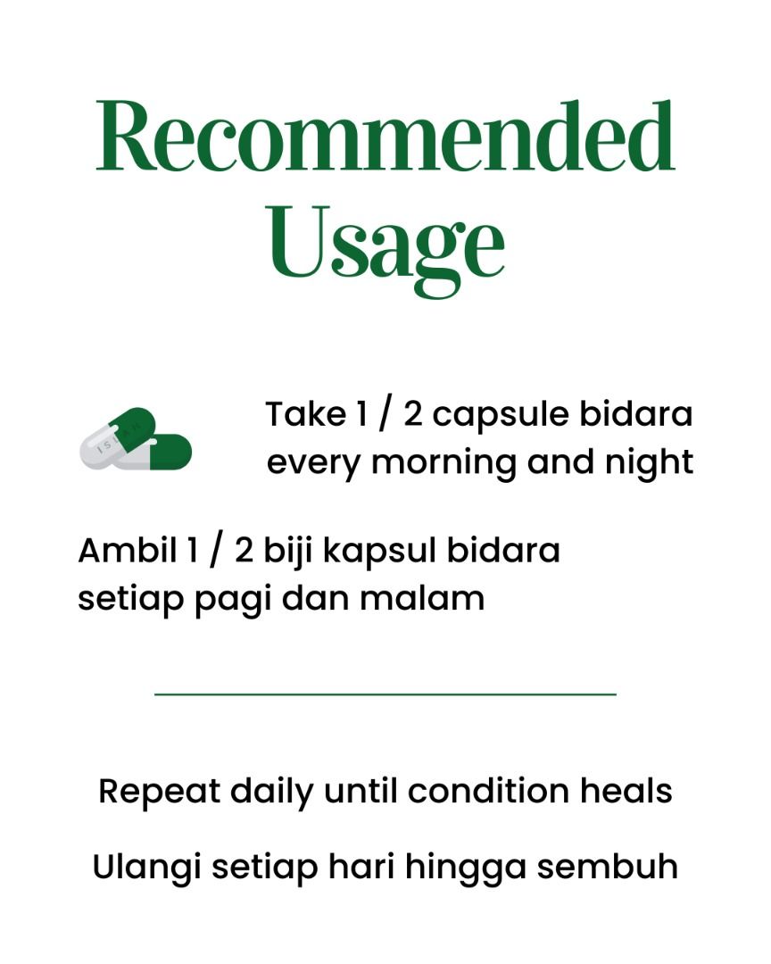 Kapsul Bidara (Category: Vitamins & Supplements) located in Singapore. Submitted by islah_sg (Listing ID 1241647607, Image 6). Description: Khasiat Kapsul Bidara : • Melancarkan peredaran darah • Mengobati sakit jantung • Kulit wajah, kurap, panu • Khasiat anti inflamasi • Meredakan sakit perut • Kencing manis Benefits of Bidara Capsule : • Improve blood circulation • Treats heart disease • Facial skin, ringworm, tinea versicolor • Anti-inflammat