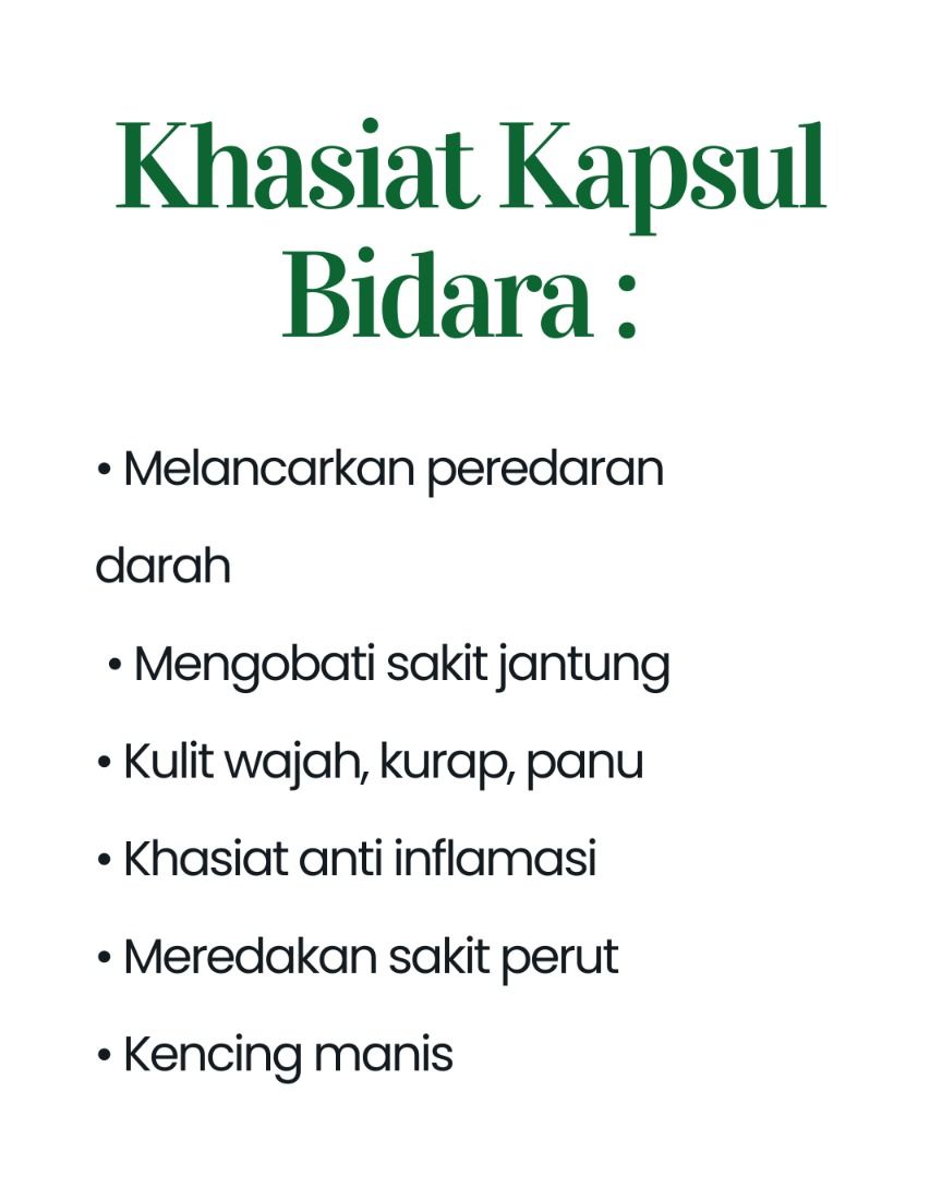 Kapsul Bidara (Category: Vitamins & Supplements) located in Singapore. Submitted by islah_sg (Listing ID 1241647607, Image 4). Description: Khasiat Kapsul Bidara : • Melancarkan peredaran darah • Mengobati sakit jantung • Kulit wajah, kurap, panu • Khasiat anti inflamasi • Meredakan sakit perut • Kencing manis Benefits of Bidara Capsule : • Improve blood circulation • Treats heart disease • Facial skin, ringworm, tinea versicolor • Anti-inflammat