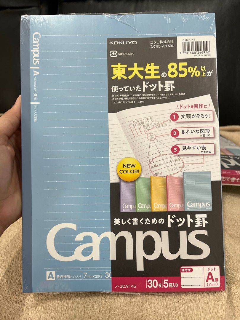 Kokuyo Campus Dot Notebook A (Category: Stationery & School Supplies) located in Cavite. Submitted by myprsnlpreloved (Listing ID 1404068097, Image 1). Description: - Brand new, sealed Kokuyo Campus notebooks. - Features a dot grid design. - Each notebook contains 30 sheets. - Paper color: Light blue. - Edge color: Rainbow..