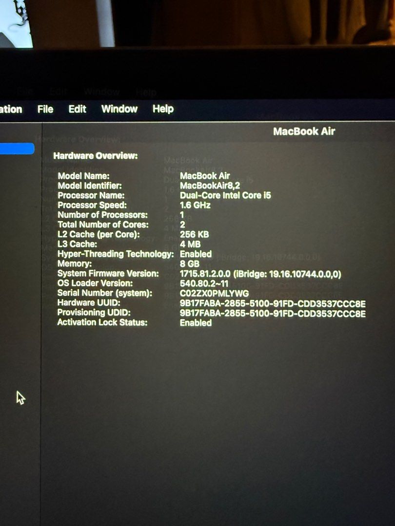 MacBook Air 13-inch (2019) (Category: Laptops & Notebooks) located in Manila. Submitted by coolphoenix-15aa (Listing ID 1404158766, Image 3). Description: Selling my MacBook Air 2019 (13-inch) in very good condition. Perfect for school, online classes, work, browsing, and everyday use. Specs • Model: MacBook Air 2019 (MacBookAir8,2) • Processor: 1.6GHz Dual-Core Intel Core i5 • RAM: 8GB • Storage: 128GB SSD (fast and smooth) • Battery Cycle Count