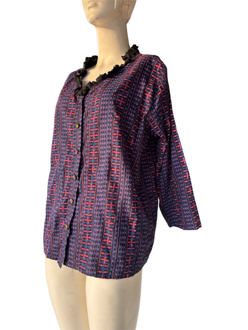 MACRAME BOHEMIA| Geometric Print Ruffled Neck Button Down | Made in India (Category: Longsleeves) located in Quezon City. Submitted by chrizcboutique (Listing ID 1404076369, Image 3). Description: Macrame Bohemia can fit small to medium to large frame with ruffle neckline measurements laid flat shoulder to shoulder approx 16 inches armpit to armpit approx 22 inches lenght approx 24 inches Condition still in good condition lightly used no flaws/da