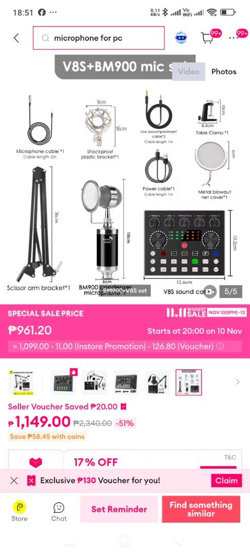 Microphone Set (Category: Microphones) located in Manila. Submitted by siquiocoe39844 (Listing ID 1404133476, Image 1). Description: VS8+BM900 Mic Set! Perfect for all your recording needs, whether you're into streaming, podcasting, or just want to sound amazing. This set includes everything you need: *a high-quality BM900 microphone, *a sturdy scissor arm stand, *a pop filter, and *a V8 sound card to enhance your audio..