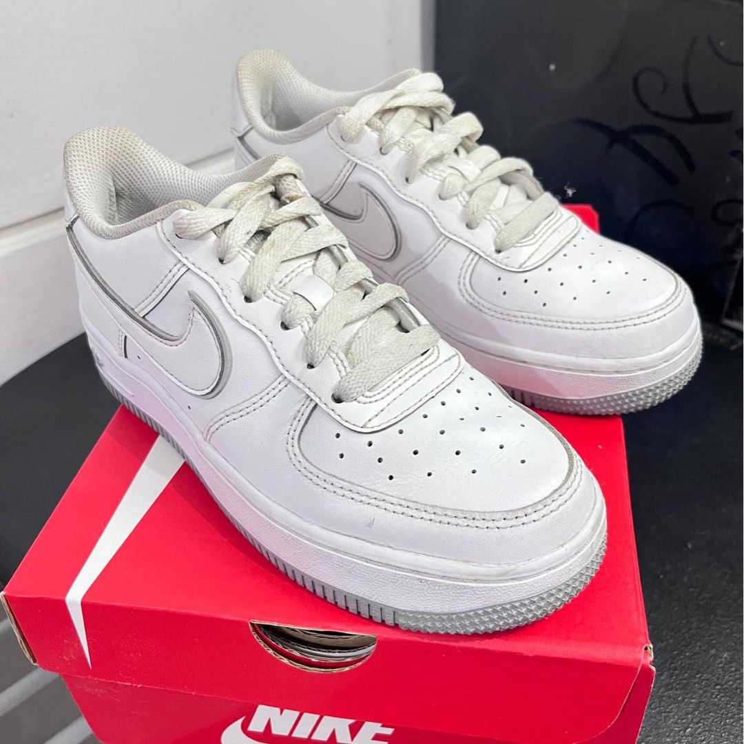 Nike Air Force 1 Low White Wolf Grey Sole GS (Category: Sneakers) located in Manila. Submitted by rvpatoothie (Listing ID 1404121405, Image 1). Description: - Nike Air Force 1 Low - White Grey Sole colorway - Size: 4Y / EUR 36 - Style Code: DX5805-100 - Includes Nike box - Minor wear on soles Guaranteed Original. Used but not abused. Bought from Nike App. RFS: Decluttering and Downsizing .
