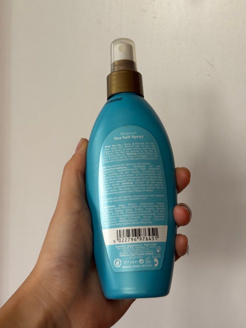 OGX Moroccan Sea Salt Spray 6 oz (Category: Hair) located in Quezon City. Submitted by mcpar9685821 (Listing ID 1404072304, Image 2). Description: •Brand new, never used •Priced at CAD$16 (~₱675) •Selling it at 50% off •Good for preventing greasy hair and adding texture/volume .