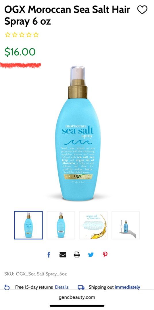 OGX Moroccan Sea Salt Spray 6 oz (Category: Hair) located in Quezon City. Submitted by mcpar9685821 (Listing ID 1404072304, Image 3). Description: •Brand new, never used •Priced at CAD$16 (~₱675) •Selling it at 50% off •Good for preventing greasy hair and adding texture/volume .