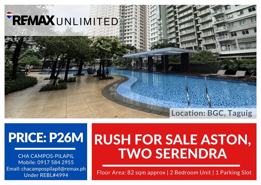 Rush For Sale Aston, Two Serendra (Category: Apartments & Condos) located in Makati City. Submitted by REMAXUNLIMITEDPH (Listing ID 1403894665, Image 1). Description: ASTON, TWO SERENDRA _____ RUSH FOR SALE: MOVE-IN READY 2BEDROOM UNIT AT THE ASTON, TWO SERENDRA • 82 sqm • 2 Bedrooms + Maid's Room • With balcony facing North and low-rise section garden • Master Bedroom with ensuite bath • Semi-furnished with 3 split-type inverter AC units • 1 Par