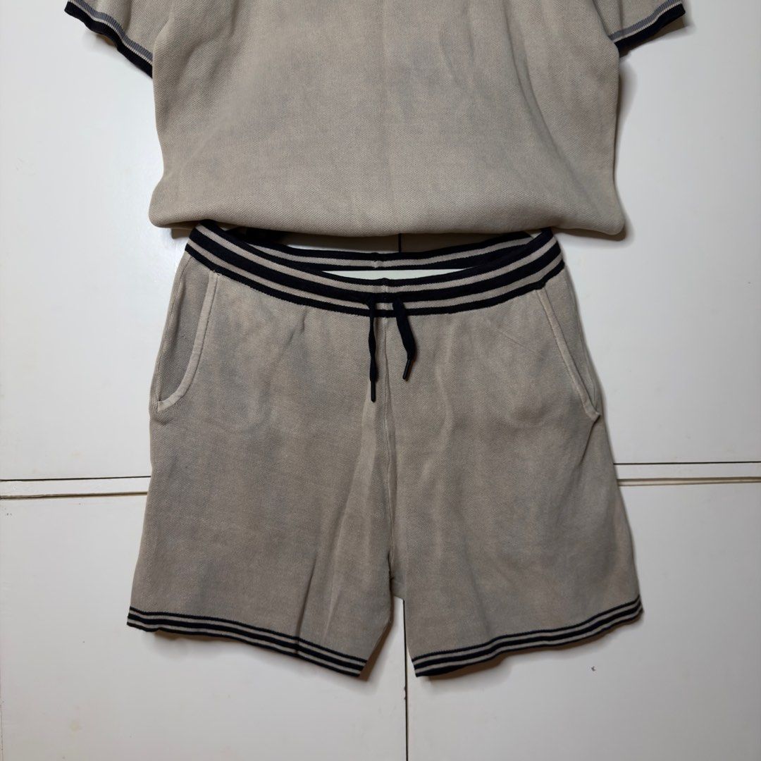 Shorts Set with Black Trim (Category: Sets & Coordinates) located in Manila. Submitted by plus2present.preloves (Listing ID 1404023230, Image 2). Description: 📣 Selling some of my personal outfits! 💗 TOP Chest/Bust: 46-60“in Length: 28"in BOTTOM Waist: 34-44"in Length: 18“in 🌷Worn once 🌷Fits up to 2XL 🌷Premium knitted quality 🌷M on tag, fits up to 2XL Women (can be unisex) 🌷Beige short-sleeved top and shorts set 🌷Features black and gray t