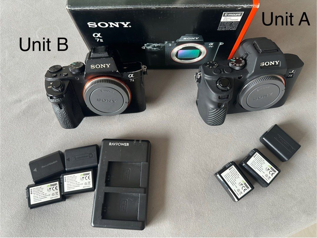 Sony a7ii full frame mirrorless camera 2 units (Category: Cameras) located in Quezon City. Submitted by dlsy12 (Listing ID 1404089484, Image 1). Description: Unit A Bought 2022 Used just as a spare unit Performance 10/10 Cosmetics 10/10 Body rubber and lcd screen protector from day1 Shutter count: 44k Comes with 3 batts Working well, No fungus etc. No more box Price 38k NO SWAP — Unit B Sony PH Unit SOLD Well used Performance 9/10 Cosmetic 7/10 C