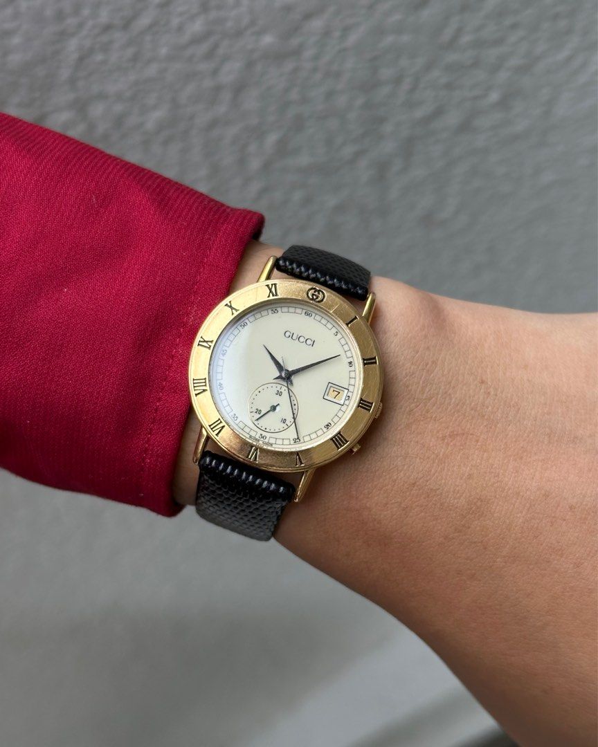 Vintage Gucci Chronostop (Category: Men's Watches) located in Manila. Submitted by watchnetworkph (Listing ID 1404040260, Image 1). Description: Rare ❕ Vintage Gucci Chronostop in champagne dial. Ref: 3800M BY: Circa 1980 Caliber: G.255-241 Size: 33mm • Monopusher — Chronostop function / reset to 0 (extremely rare on dress watches) P12,490.