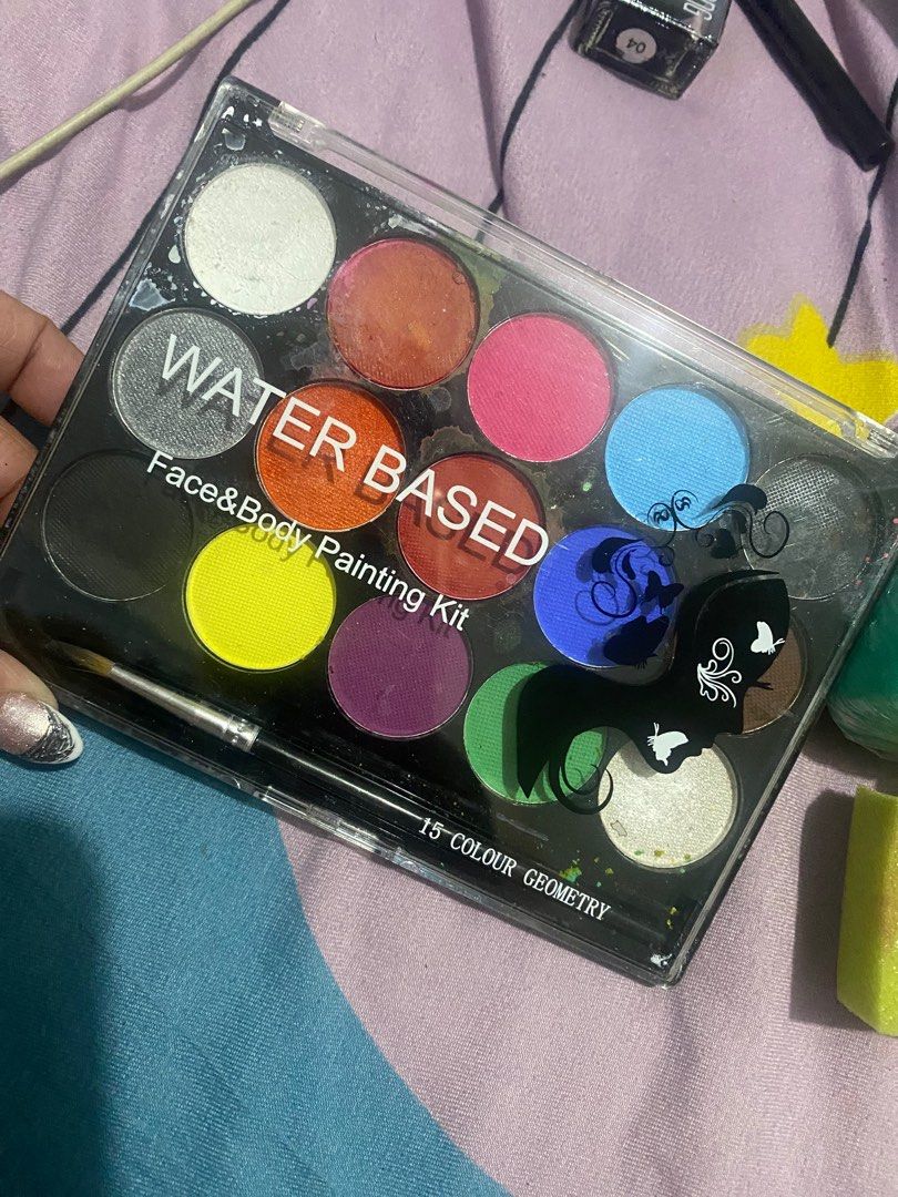 Water Based Face & Body Painting Kit (Category: Makeup) located in Caloocan City. Submitted by mariahangelaalvarez (Listing ID 1404068571, Image 3). Description: Used once for cosplay Fake blood is almost 100% full. Only used very few drops lang. Maybelline lash cream never used, only swatched. Can be used for other face parts too since its spreadable. Loc: don antonio QC.