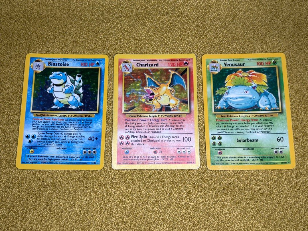 Pokemon Custom Holo Fan Art Set: Charizard, Blastoise & Venusaur | Base Set Style, Unlimited, Display Piece