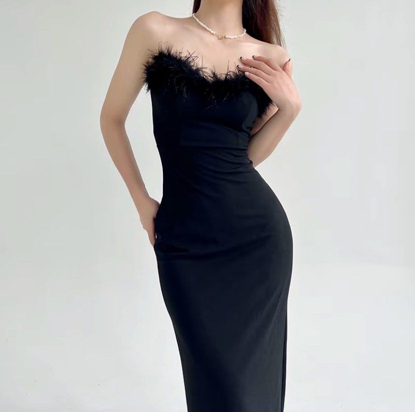 Black Feather Trim Strapless Dress (Category: Dresses) located in Batangas. Submitted by yybba (Listing ID 1404220575, Image 1). Description: - Black strapless midi dress - Feather trim neckline - Fitted silhouette - Side slit detail - Smooth, solid fabric - Ideal for special events.