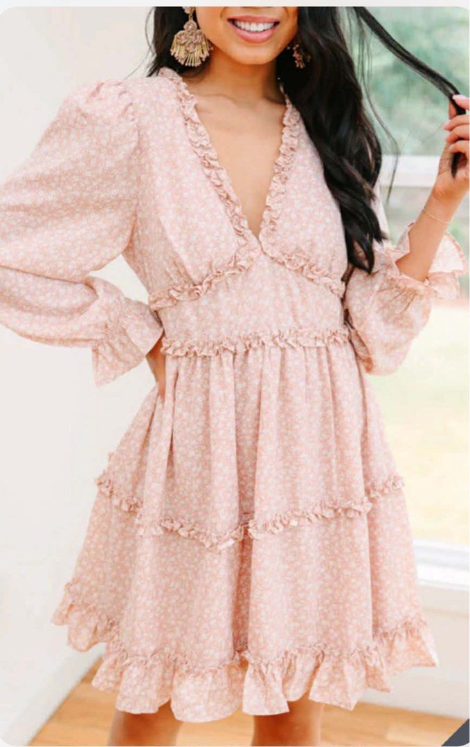 Casual dress Deep neck with ruffled open back (Category: Dresses) located in Rizal. Submitted by shoppables (Listing ID 1404233040, Image 1). Description: Rue 21 pink ditsy floral print tiered ruffle mini dress with a deep V-neck and long sleeves. With a ruffled open back and tiered skirt..