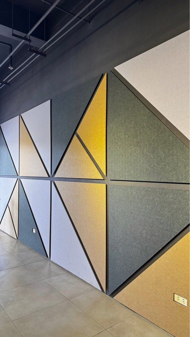 Decorative Acoustic Wall Panels Geometric (Category: Wall Decor) located in Antipolo. Submitted by thriftmanilaxx (Listing ID 1404220484, Image 2). Description: FOR SALE: POLYESTER ACOUSTIC WALL PANELS IN TRIANGULAR CUTS - Professional acoustic wall panels to decrease room sound reflection - Good for music studio, event venue, or office - In dark grey, light grey and mocha - Size: Approx 21.6sqm per wall (2 sets) ✴️ Item is in very good condition