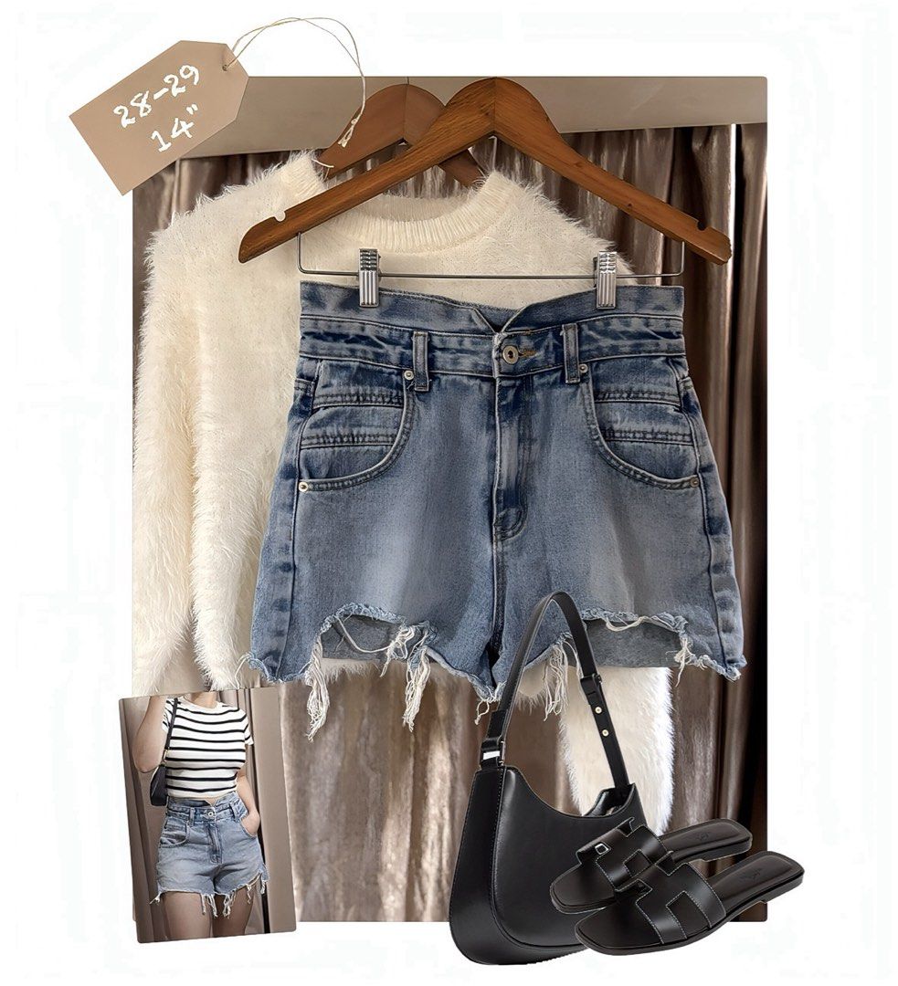 Denim Shorts with Frayed Hem (Category: Shorts) located in Caloocan City. Submitted by nnnprelovedclothes (Listing ID 1404362632, Image 1). Description: - Denim shorts with frayed hem - Size: 28-29 inch waist, 14 inch length - Comfortable fit.