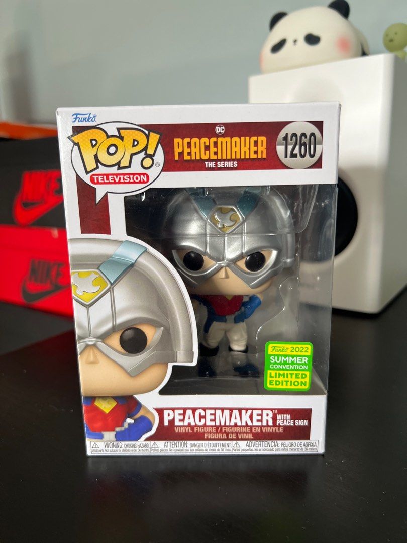 Funko Pop! Peacemaker Figure (Category: Designer & Blind Box Toys) located in Quezon City. Submitted by elgabeu (Listing ID 1404339365, Image 1). Description: Peacemaker Peace Sign SC 2022 Funko Pop #1260 - P800 Peacemaker Shield WC 2022 Funko Pop #1237 - P800 Good condition With protector 📍: Timog/Kamias QC 📦: Lalamove, Grab, LBC.