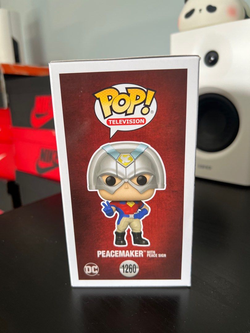Funko Pop! Peacemaker Figure (Category: Designer & Blind Box Toys) located in Quezon City. Submitted by elgabeu (Listing ID 1404339365, Image 3). Description: Peacemaker Peace Sign SC 2022 Funko Pop #1260 - P800 Peacemaker Shield WC 2022 Funko Pop #1237 - P800 Good condition With protector 📍: Timog/Kamias QC 📦: Lalamove, Grab, LBC.