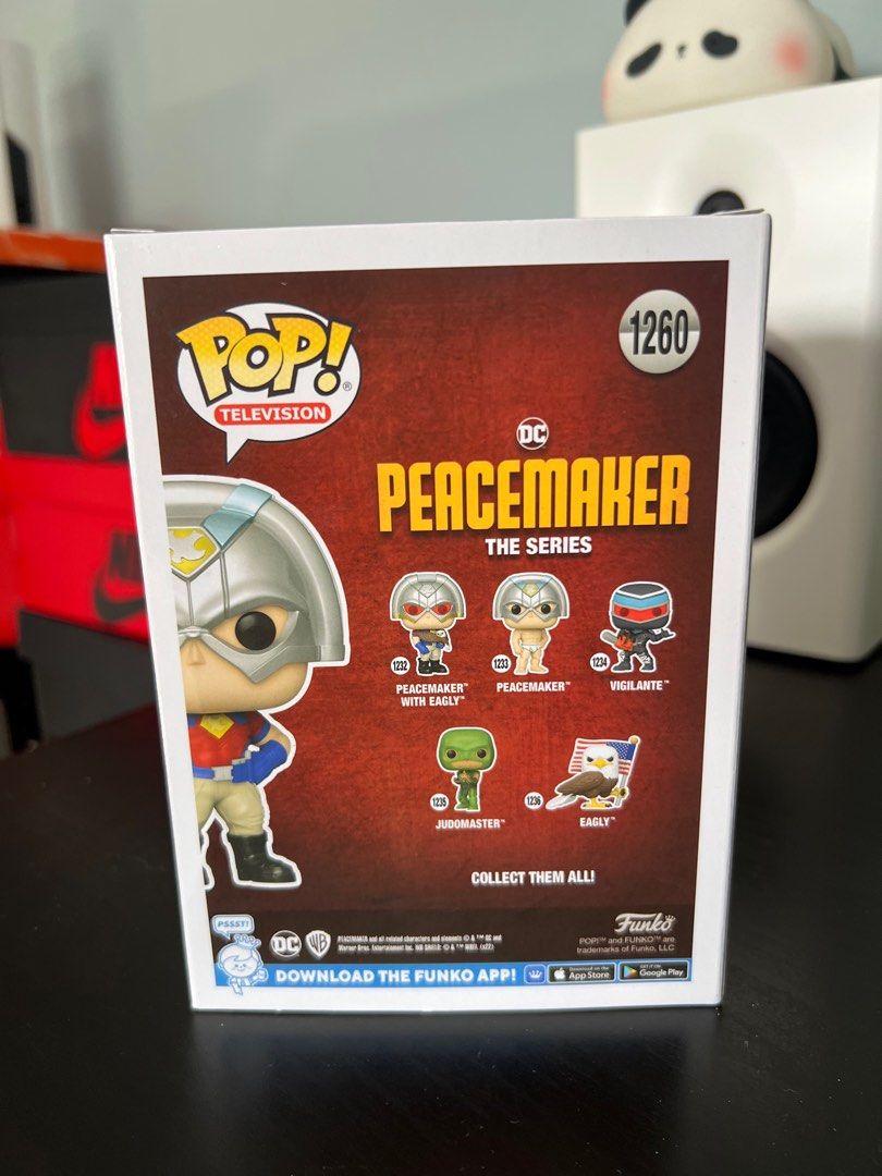 Funko Pop! Peacemaker Figure (Category: Designer & Blind Box Toys) located in Quezon City. Submitted by elgabeu (Listing ID 1404339365, Image 2). Description: Peacemaker Peace Sign SC 2022 Funko Pop #1260 - P800 Peacemaker Shield WC 2022 Funko Pop #1237 - P800 Good condition With protector 📍: Timog/Kamias QC 📦: Lalamove, Grab, LBC.
