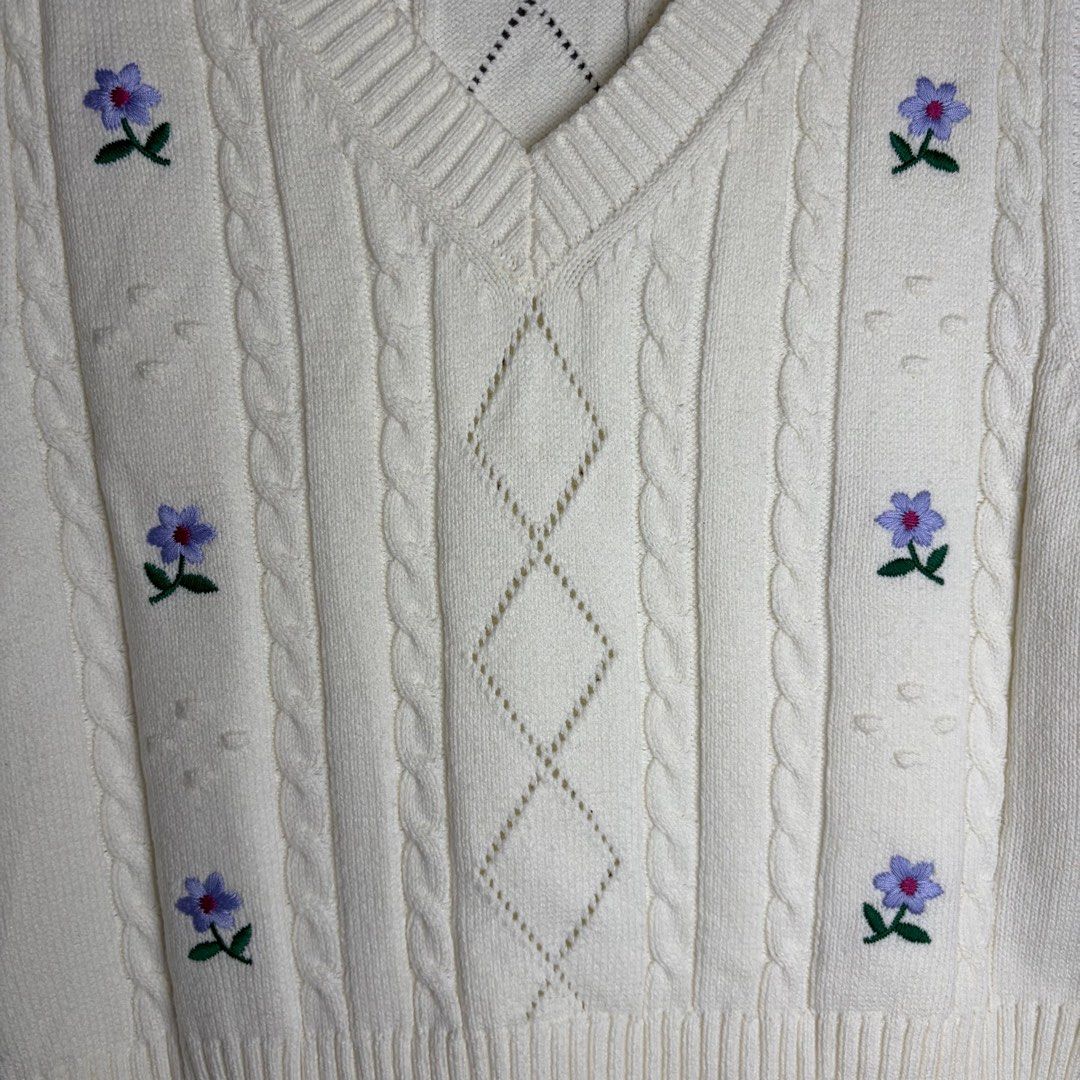GU by Uniqlo Knitted Vest (Category: Sleeveless) located in Bacoor. Submitted by thrifterrifix (Listing ID 1404303674, Image 3). Description: Very good condition! Color: White Cream/Dirty White Size on tag: Large Dimes: 20.5”L x 19”W Stretchable With sewn flowers (not patch) .