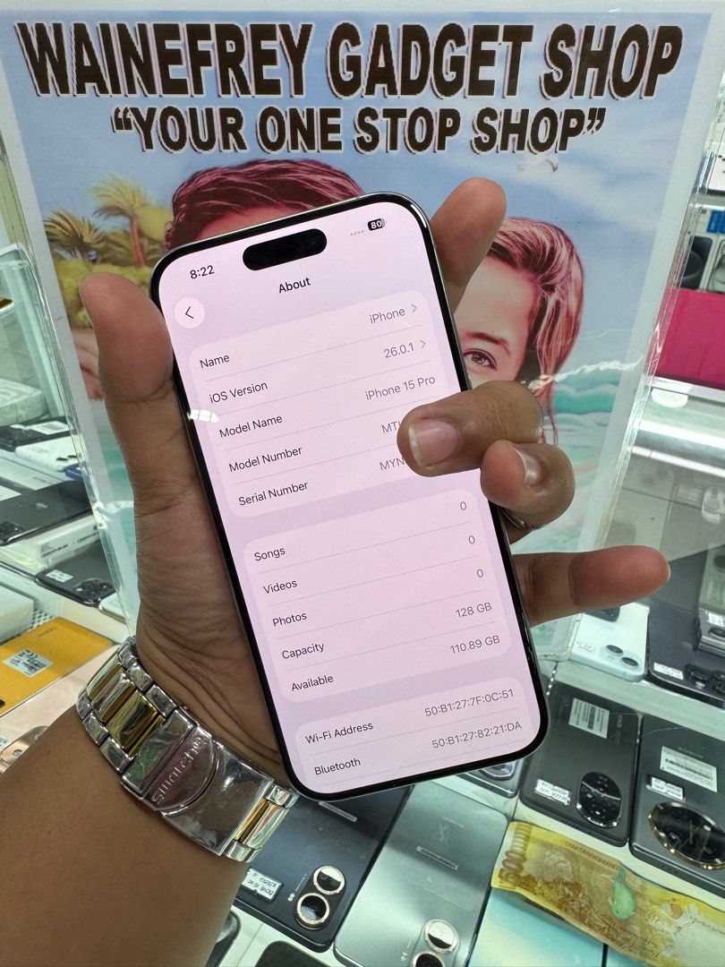 iPhone 15 Pro 128gb (SMART-LOCKED) (Category: iPhone 15 Series) located in San Juan City. Submitted by wainefreygadgetshop (Listing ID 1404250368, Image 2). Description: iPhone 15 Pro 128gb (SMART-LOCKED) ALL GOODS AT WORKING MAY FACE I.D MAY TRUE TONE SMOOTH PADIN 88% BATTERY HEALTH CAMERA MALINAW PEDE PANG BACK UP PHONE Test to sawa bago bayaran SEARCH NYO NALANG FULL SPECS PEDE SA MAARTE BAWAL SA NAG IINARTE MAGBASA KA MUNA BAGO KA MAG REACT !
