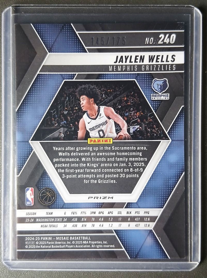 Jaylen Wells RC - Pink Mosaic /175 (Category: Raw Singles) located in Marikina City. Submitted by mattmark1983 (Listing ID 1404244197, Image 2). Description: Panini NBA cards 2024 - 25 1 x Jaylen Wells *** Good condition with free Toploader *** Perfect for your Jaylen Wells collection *** Team Memphis Grizzlies.