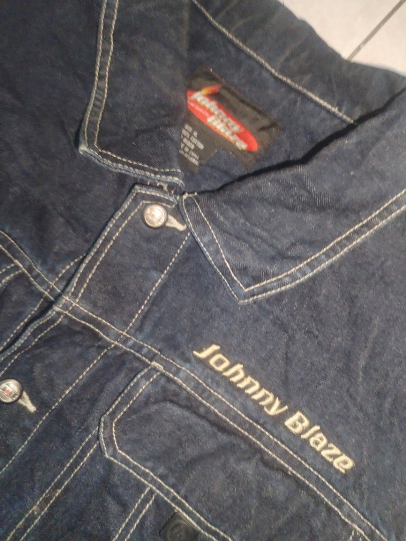 Johnny Blaze Denim Vest XL (Category: Vests) located in Baguio. Submitted by luxeloom099 (Listing ID 1404266154, Image 3). Description: -vintage Johnny Blaze denim vest - Size: XL - Color: Dark blue - Features embroidered "Johnny Blaze" logo - Material: 100% cotton - Classic button-up design - Two chest pockets.