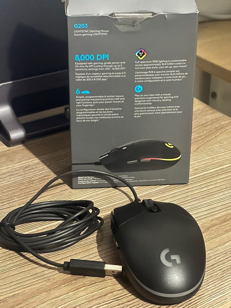 Logitech G203 LIGHTSYNC Gaming Mouse (Category: Mouse & Mousepads) located in Taguig. Submitted by graceeeee. (Listing ID 1404315387, Image 3). Description: Logitech G203 LIGHTSYNC gaming mouse. Features 8,000 DPI and on-the-fly DPI cycling. It has 6 programmable buttons and full-spectrum RGB lighting. Wired mouse. With box. Opened to test lang, used once. Good as new. Meetup at Venice Mall Shipping by JNT or Grab/Lalamove.