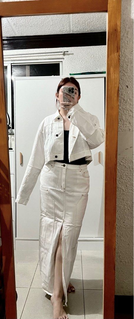 Off White Denim Coords (Category: Sets or Coordinates) located in Manila. Submitted by declutterwithC (Listing ID 1404244453, Image 2). Description: Brand new with tag 🏷️ Bought for 2k from SM, selling it for 1780 (negotiable 😉) XL on tag can fot L to 2XL (soft denim slightly stretchy) .