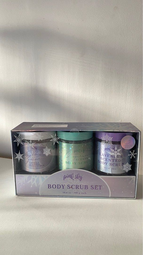Pink Sky Body Scrub Set (Category: Bath) located in Batangas. Submitted by prebyams (Listing ID 1404197260, Image 1). Description: Pink Sky Body Scrub Set (300g each). Gifted from Canada. Unused, unopened and brand new. Can also be a gift kasi sealed pa. Scents are vanilla, peppermint and lavender. Can be shared also sa family if bet. RFS: preggy Helping Tags: #pinksky #bodyscrub #bodyexfoliatior #scented #bathcare #bodycare NOT #lush #bathandbod