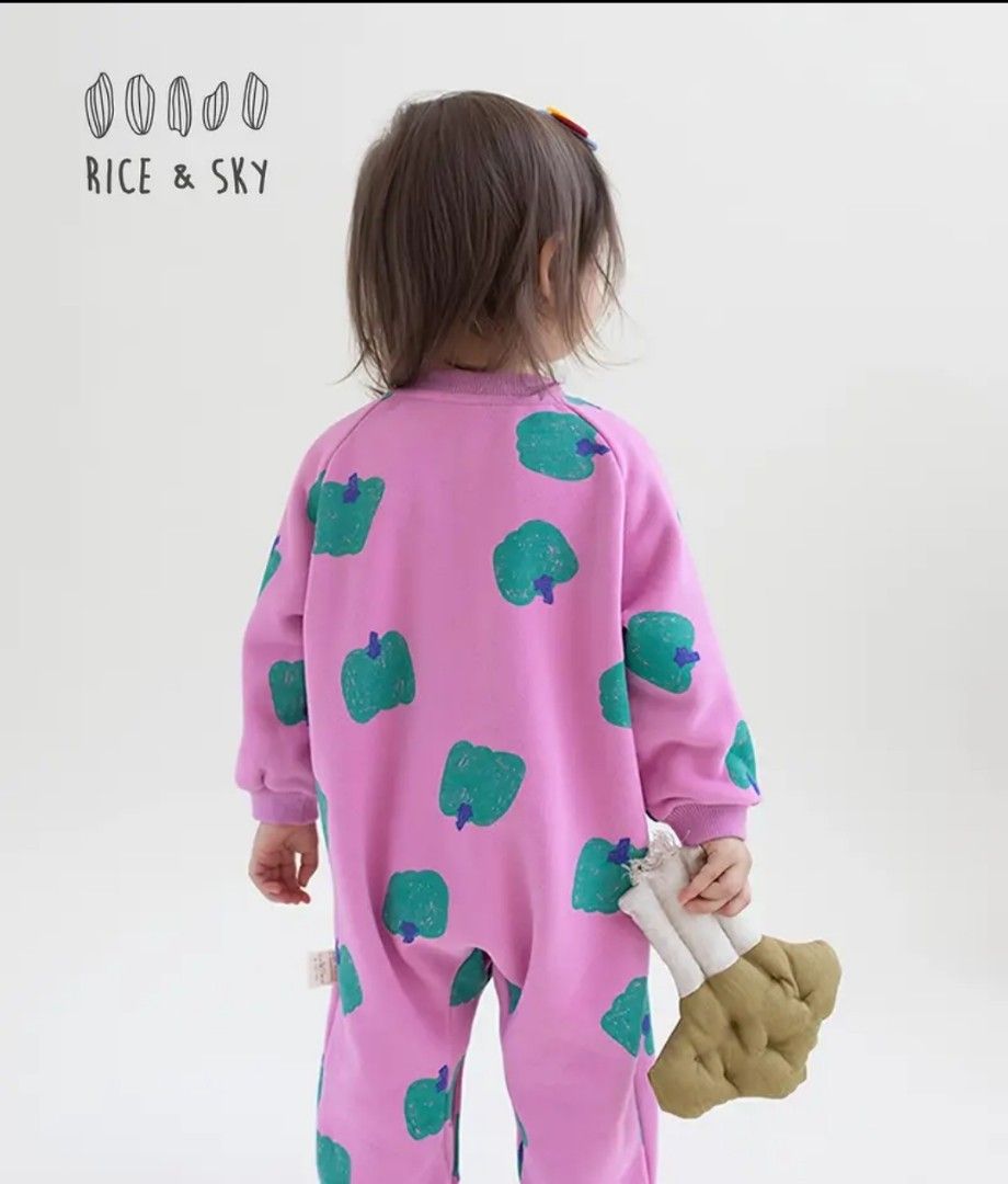 Rice & Sky Baby Warm Bodysuit (Category: Babies & Kids Fashion) located in San Juan City. Submitted by ptrcia_ (Listing ID 1404222270, Image 2). Description: - Adorable pink baby onesie - Features a fun teal pepper print - Long sleeves for added warmth - Convenient snap closure for easy changes - Made from soft, comfortable fabric - Round neckline - Ribbed cuffs on sleeves and legs - Originally bought for ₱1,375.00 - RFS: Too big for my 10month o