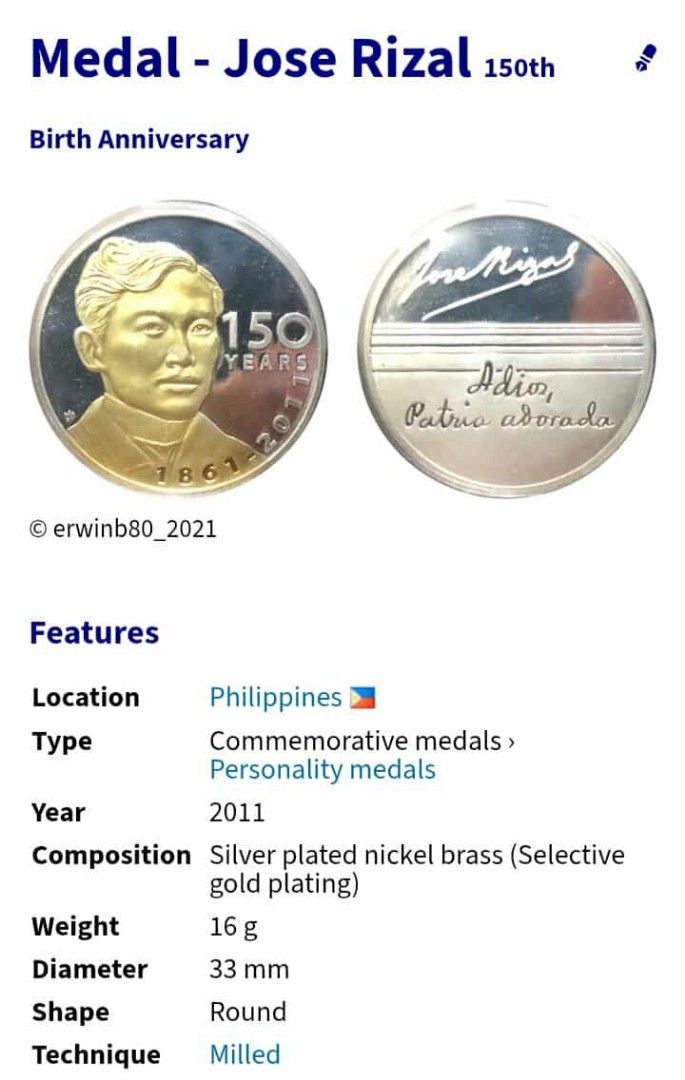 Rizal Medal (Category: Currency) located in Manila. Submitted by bjie2700446238 (Listing ID 1404361273, Image 3). Description: Hard to find.