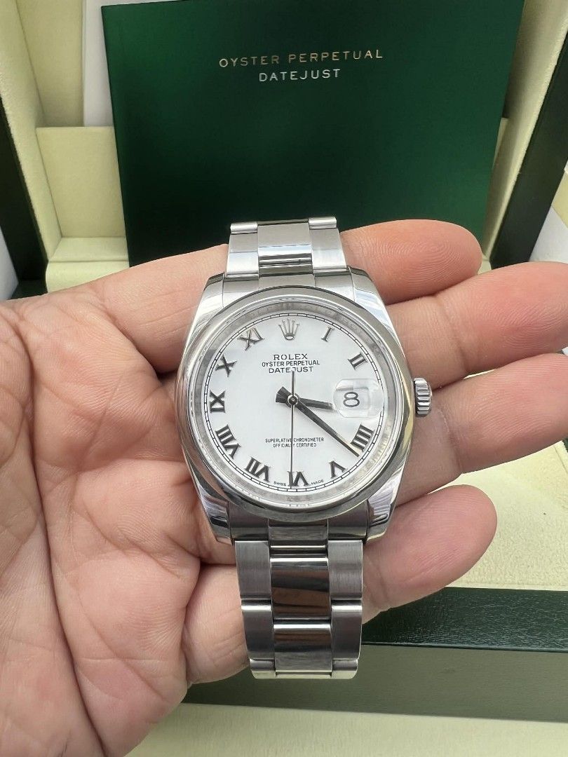 Rolex OP Datejust (Category: Luxury Watches) located in Caloocan City. Submitted by tickr (Listing ID 1404202440, Image 1). Description: Rolex Oyster Perpetual Datejust Ref. 116200 36 mm Roman White Dial Original inner and outer boxes, booklet and verification paper.