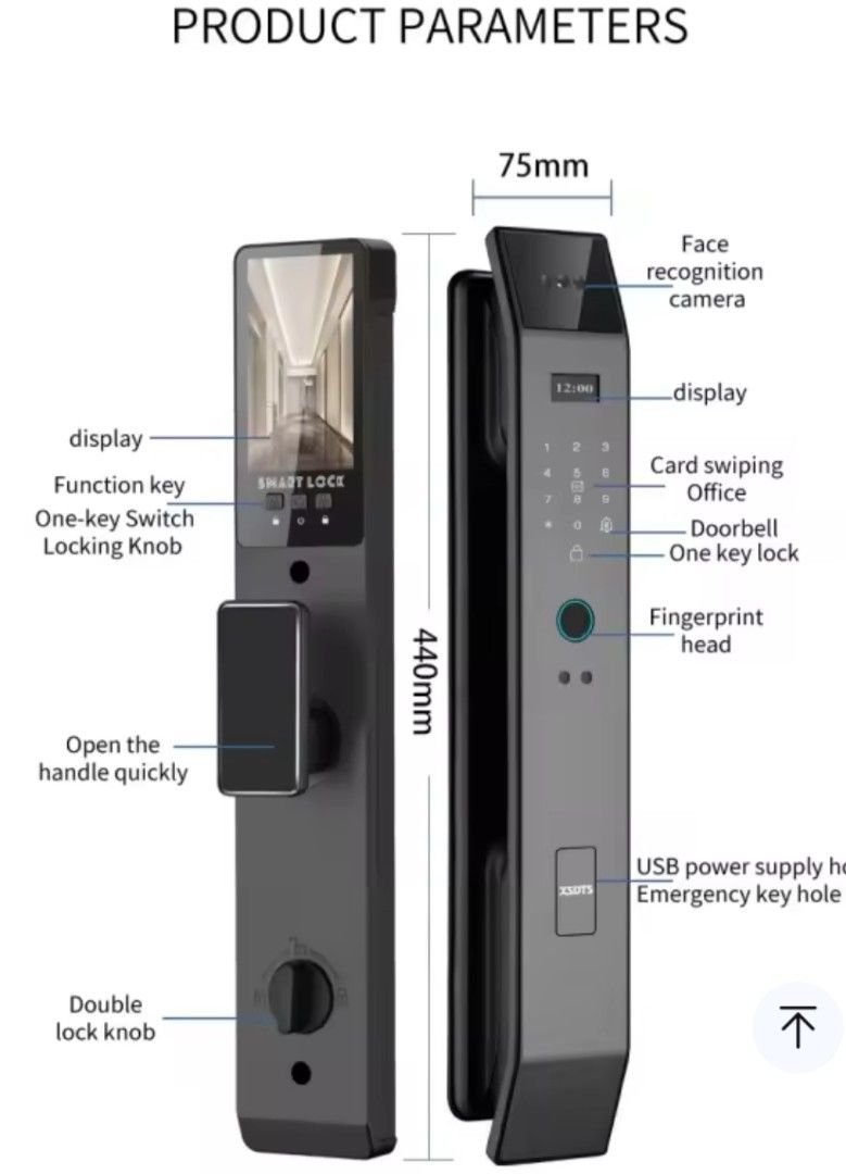 Smart Lock with Face Recognition (Category: Locks, Doors & Gates) located in Valenzuela. Submitted by rcl_online (Listing ID 1404190003, Image 1). Description: Smart lock features multiple unlocking methods: face recognition, fingerprint, password, card, and key. It includes a display, function key, and one-key switch locking knob. .