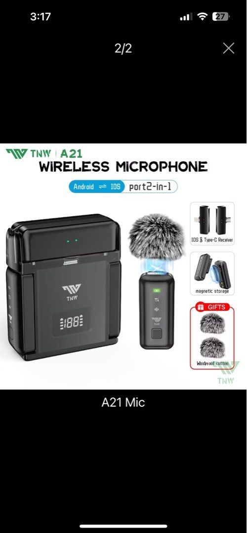 TNW wireless microphone (for phone - TYPE C AND MIRCRO) (Category: Microphones) located in San Pedro. Submitted by shopniners (Listing ID 1404244239, Image 2). Description: USED ONCE for video ad only Good as brand new ✅ 2 microphone ✅ 2 receiver (1 micro, 1 type c) ✅AUTHENTIC ✅LONG BATTERY LIFE ✅VERY COMPACT perfect fit in small bags BEST for content creators, vloggers etc. .